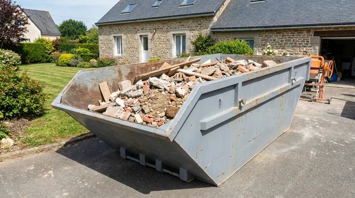 Chantier de démolition en extérieur avec pelleteuse sur chenilles en action