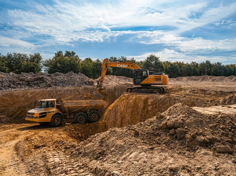 Chantier de terrassement en plein air avec pelleteuses hydrauliques jaunes en activité